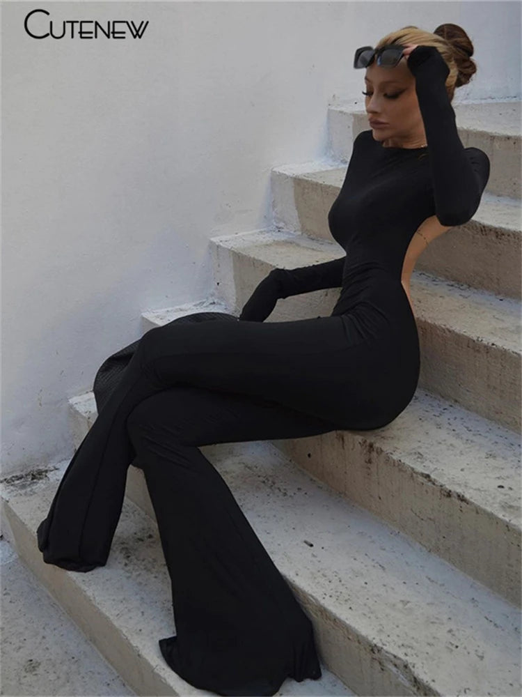 Nibber Solid Black Sexy Backless Bodycon Wide Leg Jumpsuit