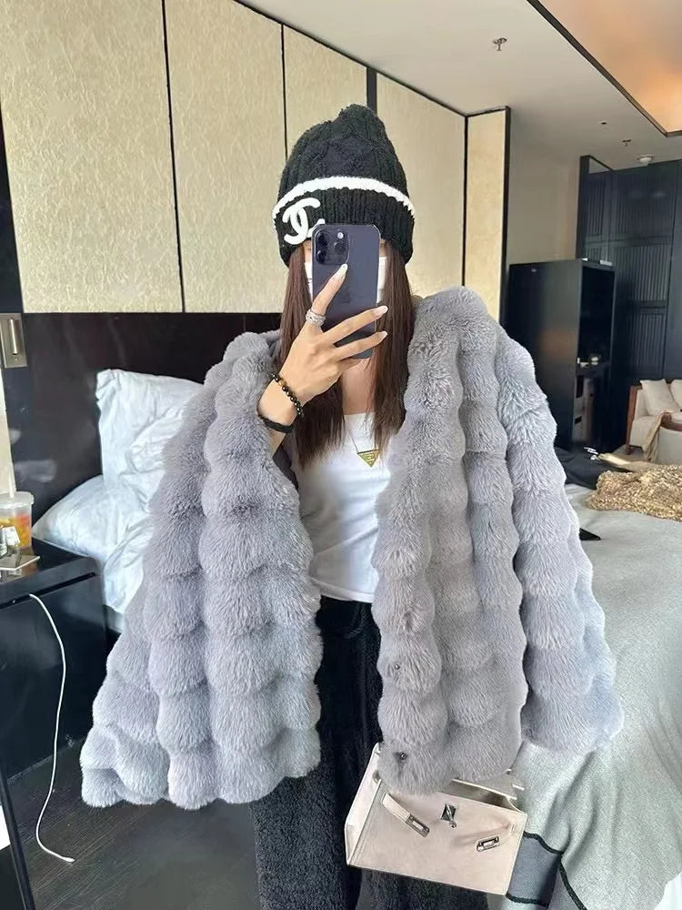 White  Plush Fur Coat Collarless