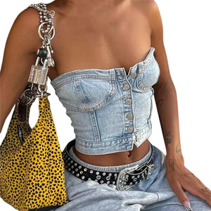 Strapless Denim Bandeau Sleeveless Crop Top