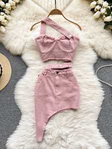 Denim Elegant Zipper Suspenders Two Piece Set