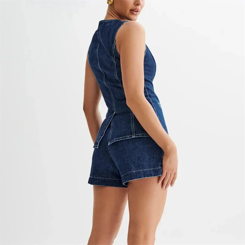 Denim Sleeveless Button Splicing Two Piece Sets