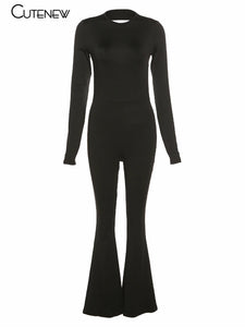 Nibber Solid Black Sexy Backless Bodycon Wide Leg Jumpsuit