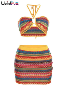 Colorful Wavy Striped Halter Bandage Tank Matching Outfits