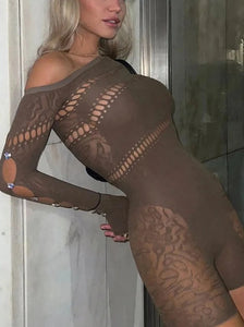 Nibber Lace Hollowing Mesh See Through Midnight Romper