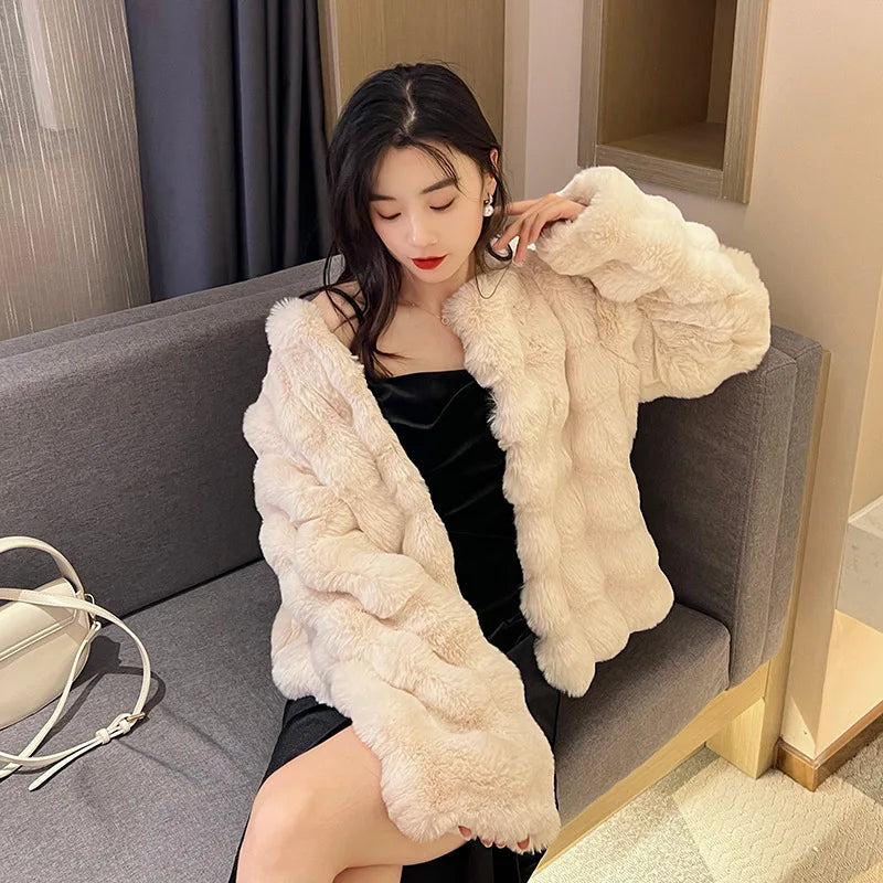 White  Plush Fur Coat Collarless