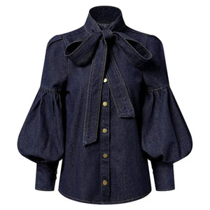 Denim Long Puff Sleeves Bow-Embellished Shirt