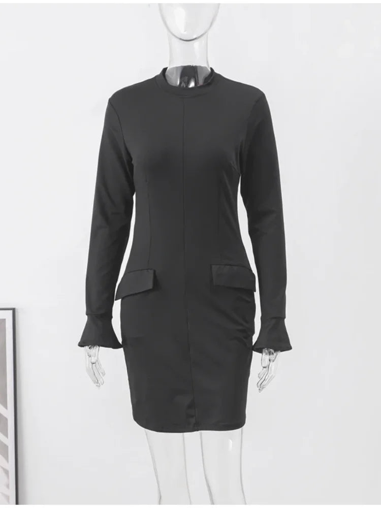 Slim Mini High Waist O-neck Long Sleeve A-line Dresses