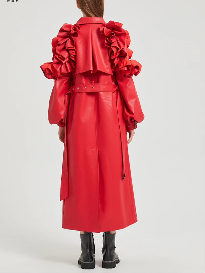 Lautaro Spring Autumn Long Ruffled Soft Pu Leather Trench Coat