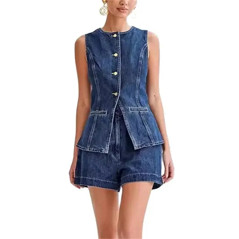 Denim Sleeveless Button Splicing Two Piece Sets