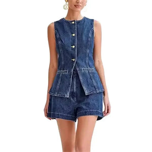 Denim Sleeveless Button Splicing Two Piece Sets