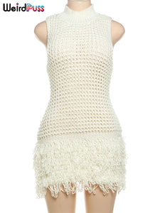 Crochet Trendy Tassel Hem Sleeveless Stretch Dress