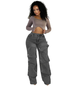 CM.YAYA Women Streetwear Button Cutout Cargo Straight Denim Wide Leg Jeans