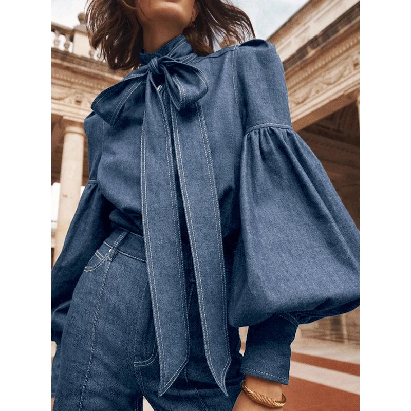 Denim Long Puff Sleeves Bow-Embellished Shirt