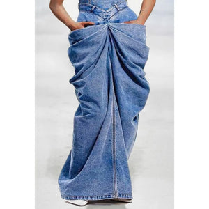 Blue Bow Overalls Four Seasons Folding Denim Long Skirt