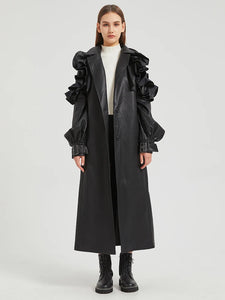 Lautaro Spring Autumn Long Ruffled Soft Pu Leather Trench Coat