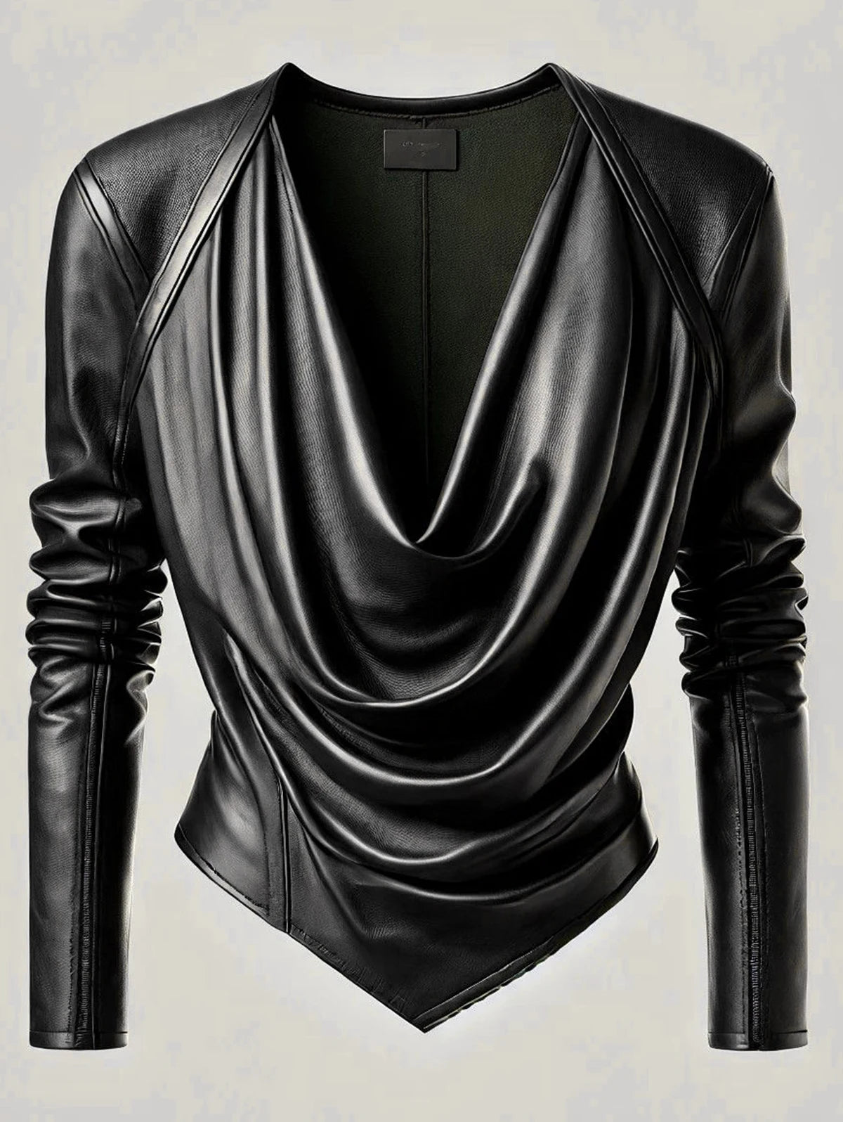 Cinched Cowl V Neck PU Leather Long Sleeve Blouse