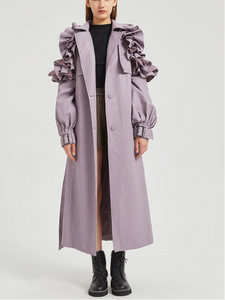 Lautaro Spring Autumn Long Ruffled Soft Pu Leather Trench Coat