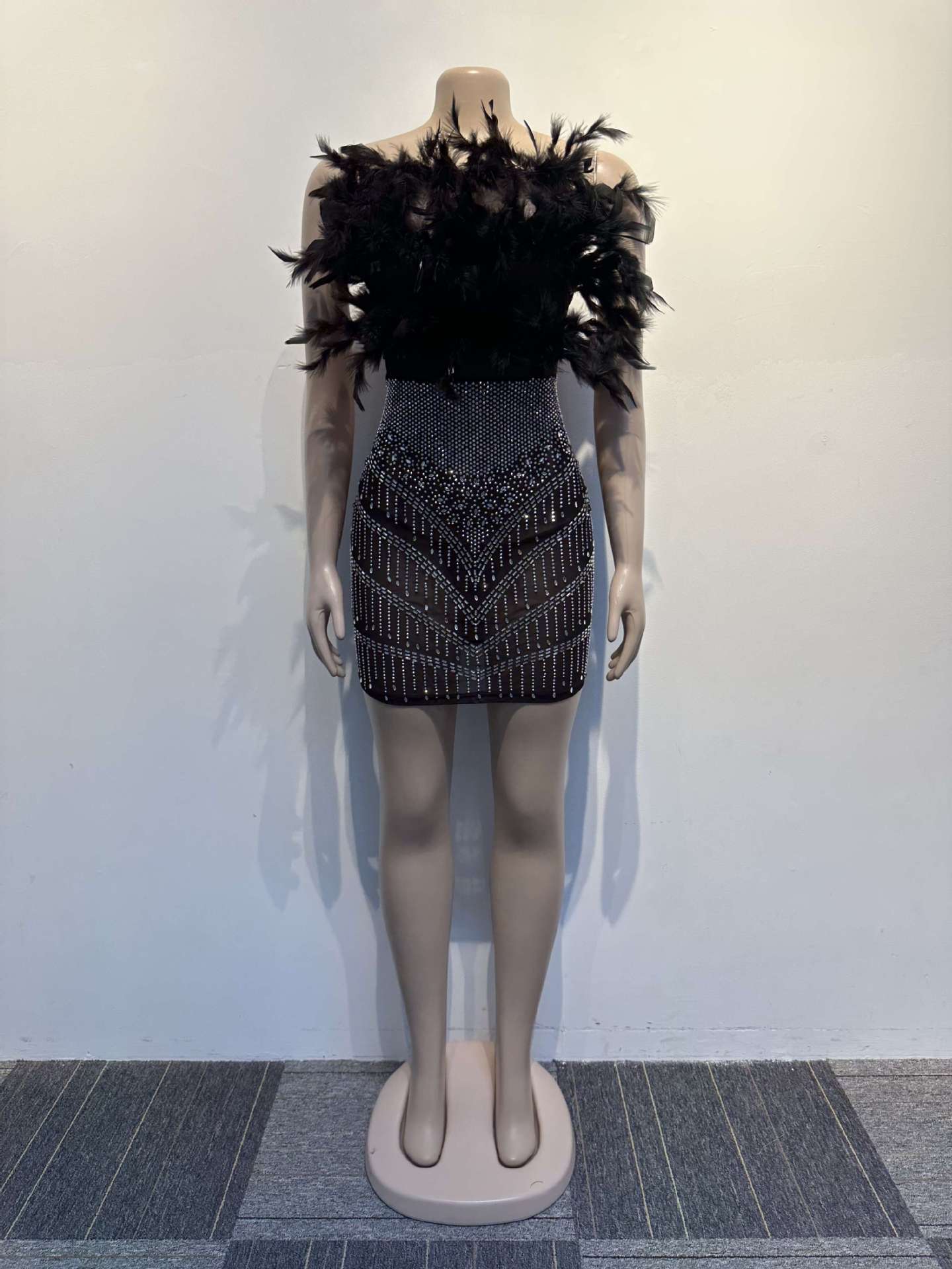 See Through Mesh Rhinestone Feather Tube Top Mini Dress