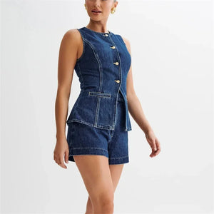 Denim Sleeveless Button Splicing Two Piece Sets