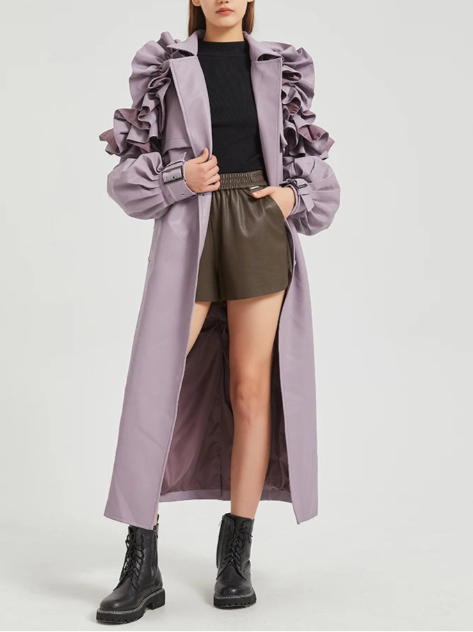 Lautaro Spring Autumn Long Ruffled Soft Pu Leather Trench Coat