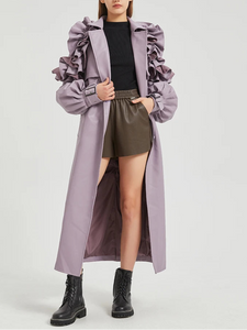 Lautaro Spring Autumn Long Ruffled Soft Pu Leather Trench Coat