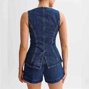 Denim Sleeveless Button Splicing Two Piece Sets