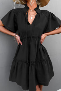 Frill Trim Smocked Tie Neck Dress