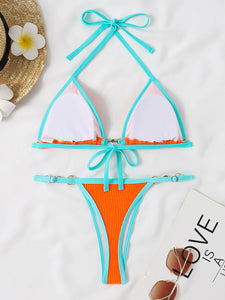 Textured Contrast Halter Neck Two-Piece Bikini Set