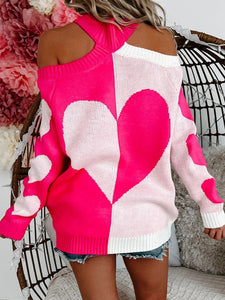 Valentine's Day Heart Turtleneck Cold Shoulder Sweater