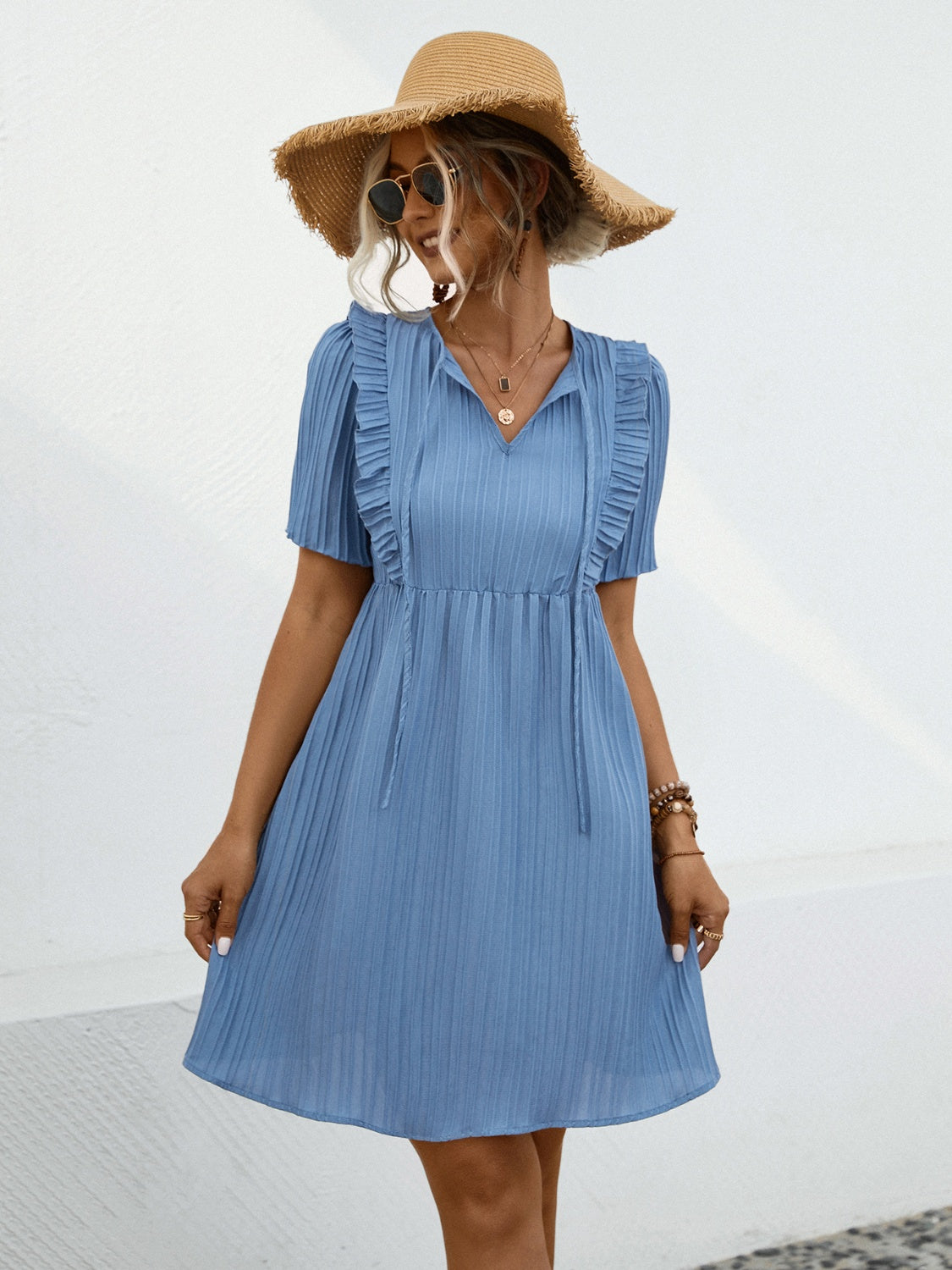 Tie Neck Short Sleeve Mini Dress