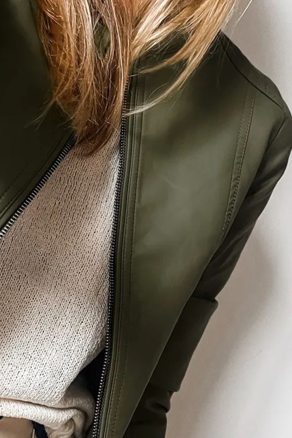 PU Leather Round Neck Long Sleeve Jacket