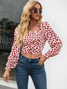 Printed Tied Open Back Square Neck Cropped Blouse