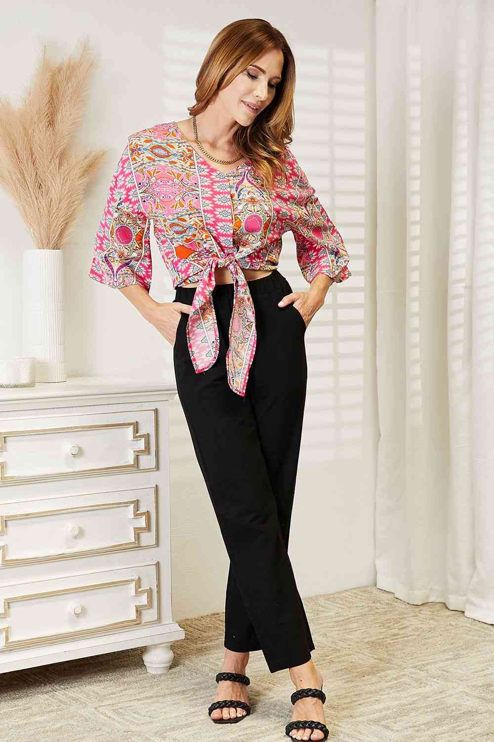 Double Take Tie Hem V-Neck Three-Quarter Sleeve Blouse