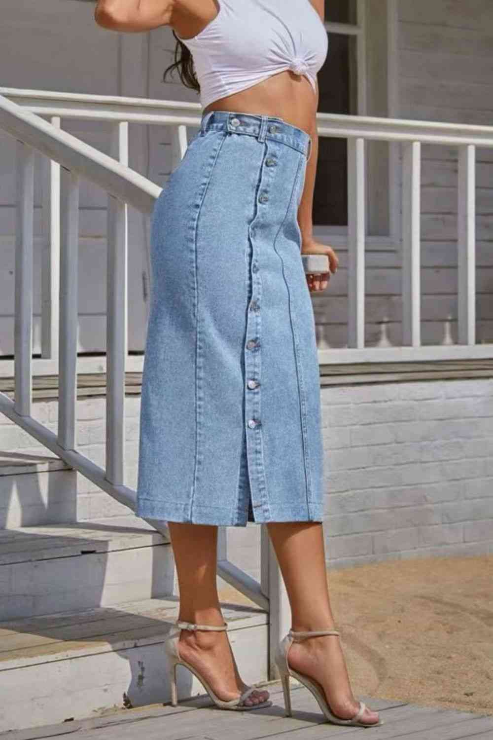 Buttoned Split Denim Skirt