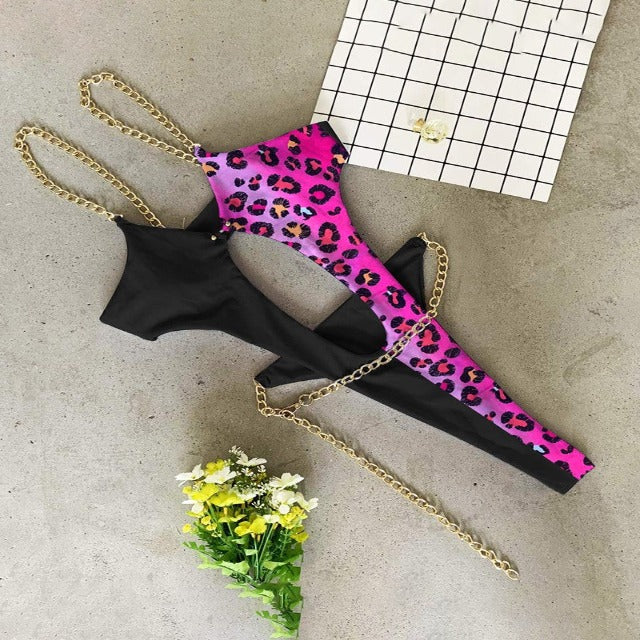 Chain Strap Leopard Swimsuit