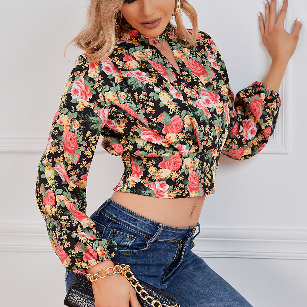 Cropped Floral Print Smocked Waist Blouse
