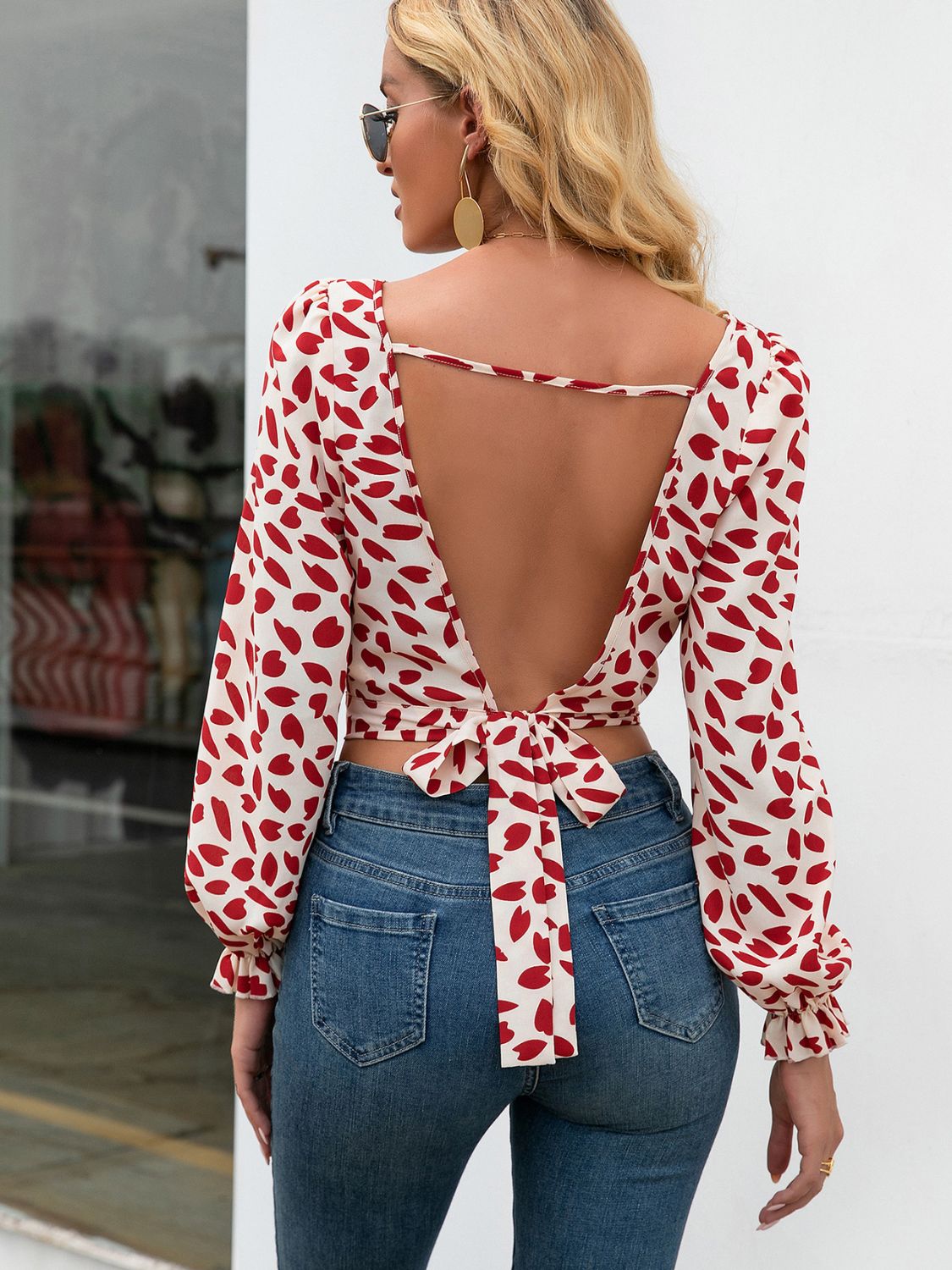 Printed Tied Open Back Square Neck Cropped Blouse