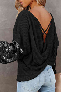 Sequin Waffle-Knit Blouse