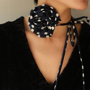 Polka Dot Camellia Flower Tie Choker Necklace