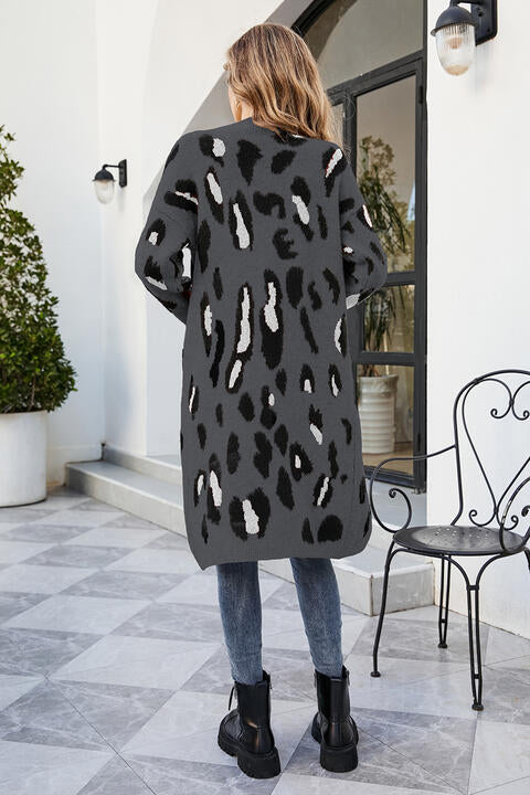 Leopard Open Front Cardigan with Pockets