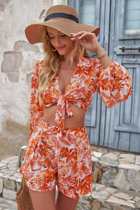 Printed Long Sleeve Cropped Top and Shorts Set