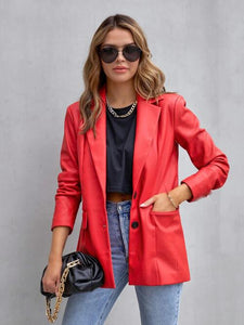 Faux Leather Button Up Long Sleeve Blazer