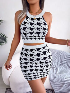 Houndstooth Sleeveless Top and Skirt Sweater Set