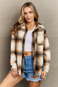 Zenana By The Fireplace Oversized Plaid Shacket in Camel