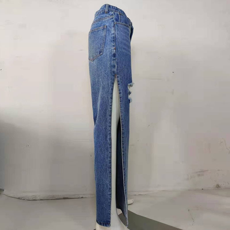 High Split Wide Leg Ripped Denim Pants