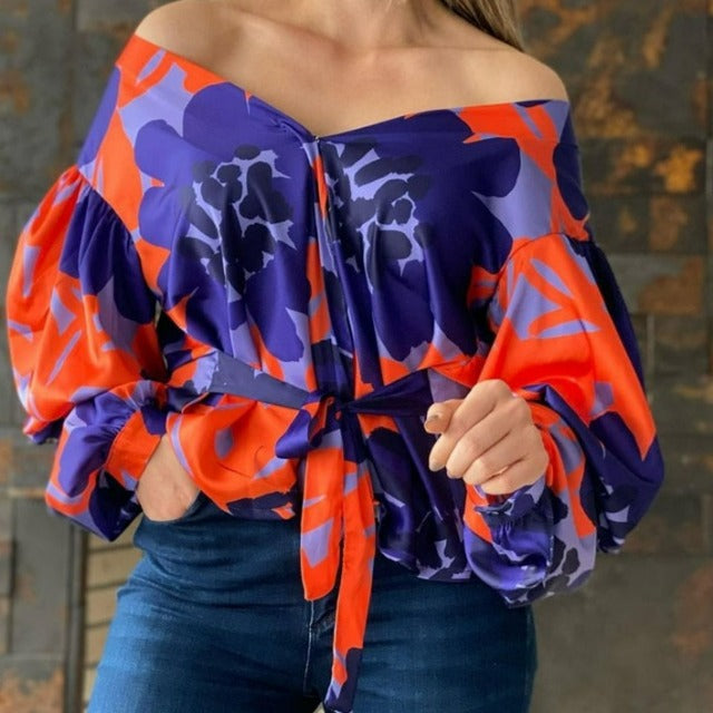 All Over Print Off  Shoulder Puff Sleeve Blouse