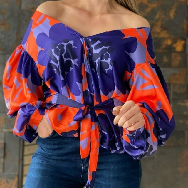 All Over Print Off  Shoulder Puff Sleeve Blouse