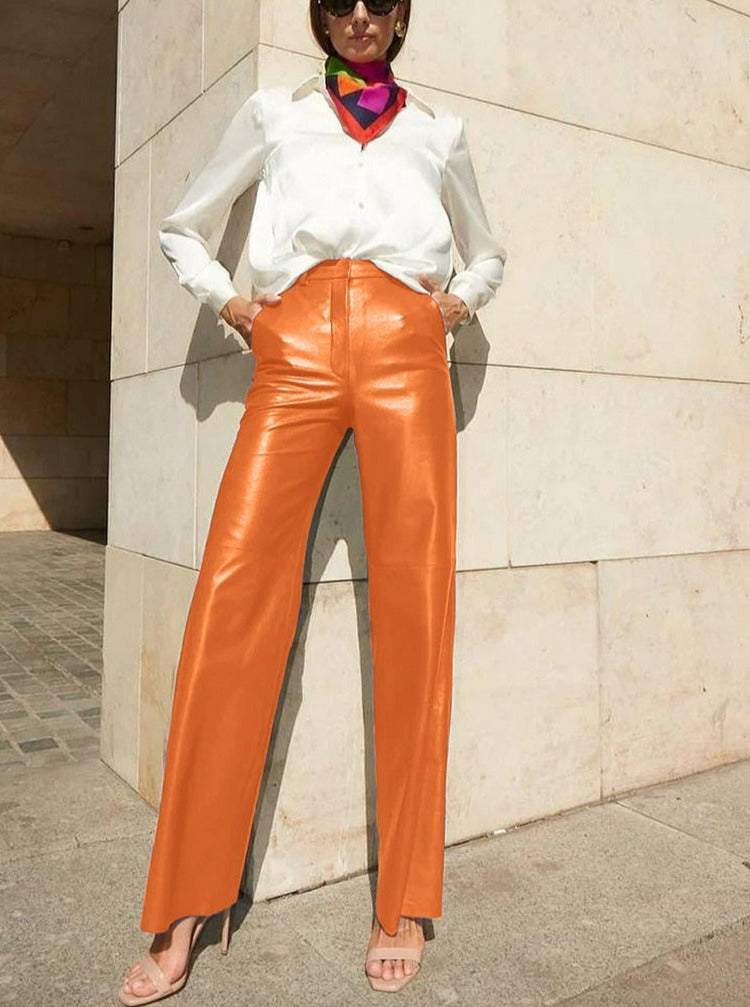 Pu Leather Elegant Slim High Waist Straight Trousers