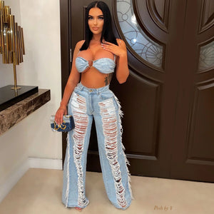 Lace Up Ring Bra Top Hollow Out Hole Tassel Jeans
