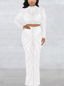 White Floor Length Crystal Sheer Skirt and Long Sleeve Top 